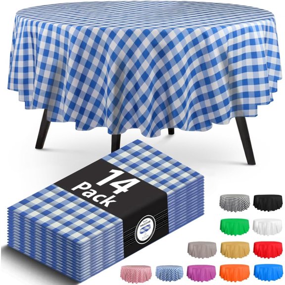 14 Pack Premium Checkered Blue Plastic Tablecloth - 84 x 84 in. Round Disposable Table Cover - Decorative Smooth Table Cloth for Parties