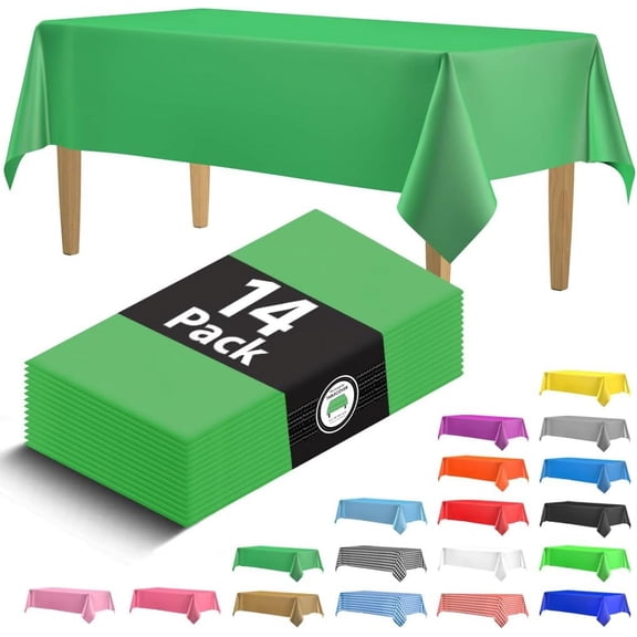 14 Pack Premium Green Plastic Tablecloth - 54 x 108 in. Disposable Rectangle Plastic Cloth - Decorative Rectangle Table Cover - Smooth, Disposable for Parties, Weddings