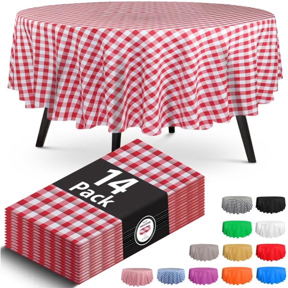 14 Pack Premium Round Checkered Red Plastic Tablecloth - 84 x 84 in. Disposable Round Plastic Table Cloth - Decorative Round Table Cover Smooth Table Covers - Disposable Table Cloths For Parties, Use