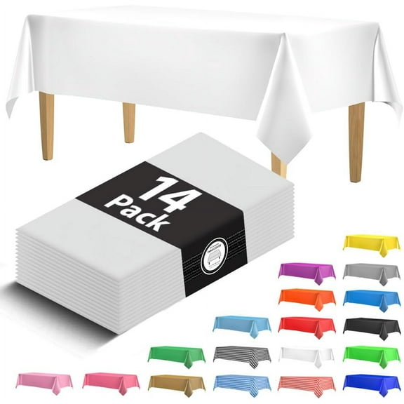 14 Pack Premium White Plastic Tablecloth - 54 x 108 in. Disposable Rectangle Plastic Table Cloth - Decorative Rectangle Table Cover Smooth Tablecloth - Disposable Table Cloths For Parties, Weddings