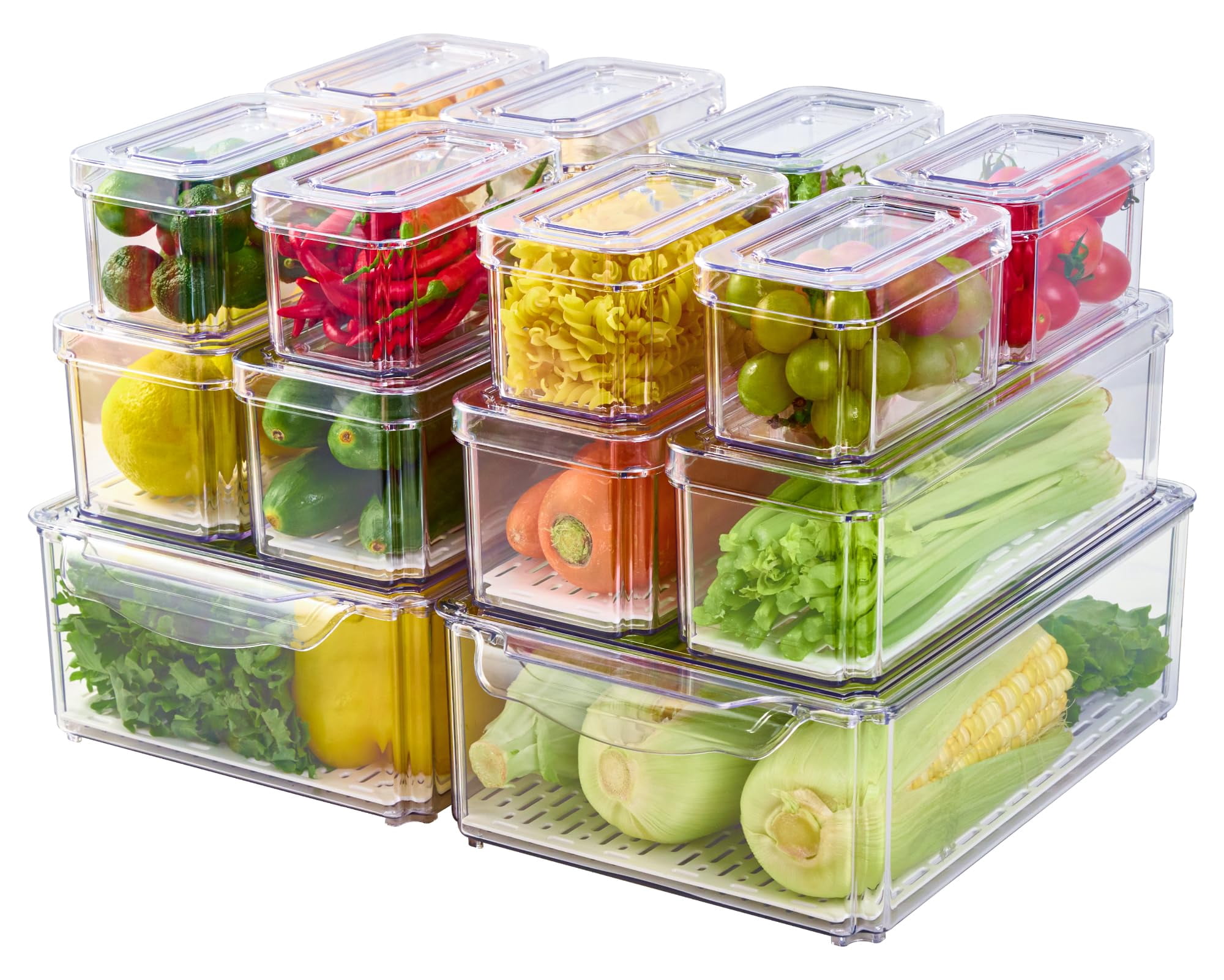 Mibote 14 Pack Refrigerator Organizer, Stackable Organizers Bins with Lids, BPA-Free Fridge Fruit Containers