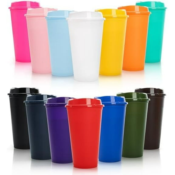 14 Pack Reusable Coffee Cups with Lids, 16 Oz Travel To Go Coffee Cups, Plastic Water Party Bottle Tumblers Mug Bulk for Iced Tea, Cold Drinks, Multi-color
