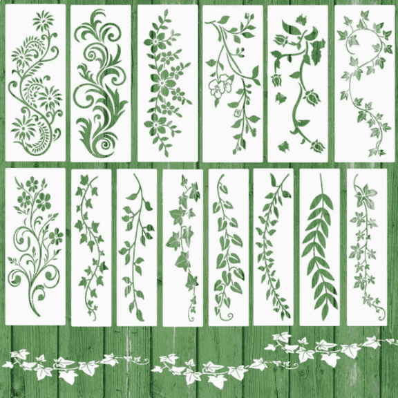 14 Pack Reusable Leaf & Vine Stencils Set, Floral Spring Craft Templates for DIY Painting on Wood Walls Canvas Furniture Home Decor, Vine Design
