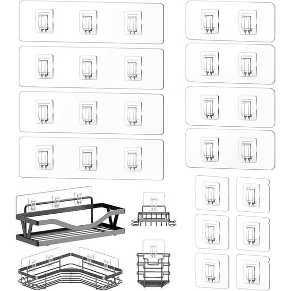 14 Pack Shower Caddy Replacement, Strong Adhesive Flat Hooks, Clear Waterproof Shower Shelf Strips for No Drilling Bathroom Storage Shelves, Soap Holder, and Kitchen Racks