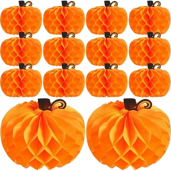 14 Pack Thanksgiving Table Decor Honeycomb Pumpkins 10.2 Inch Paper Fall Hanging Pumpkin Decorations 3D Tissue Centerpieces for Halloween Birthday Wedding Party Supplies