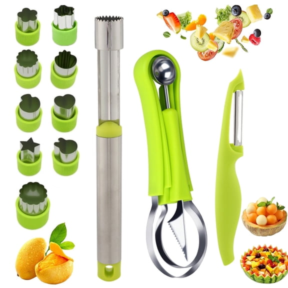 14-Pack Watermelon Cutter Set, 4-in-1 Melon Baller Scoop, Stainless Steel Slicer, Seed Remover, Fruits Vegetables Peeler with 9 Mini Cookie Cutter Stamp