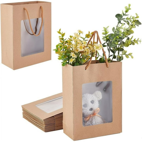 14 Packs Gift Bags with Transparent Window Kraft Paper Shopping Bags with Handle