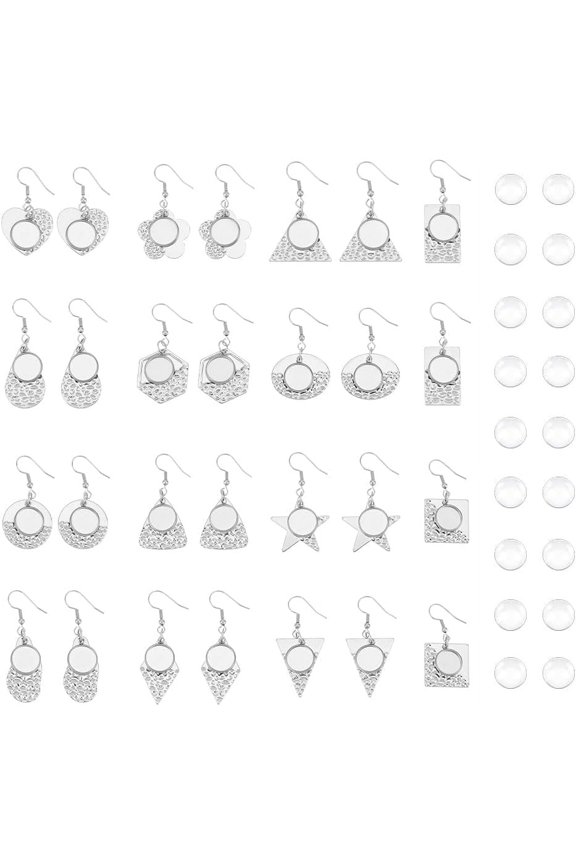 14 Pairs 14 Styles Stainless Steel Earring Bezel Trays Glass Blank Dome Dangle Earrings Cabochon Settings Wire Hooks Pendant Trays with Glass Cabochon Setting for DIY Jewelry Making