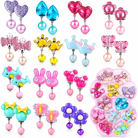 14 Pairs Clip On Earrings for Girls, Pretend Princess Play Earrings for Ages 3-12 Little Girls, Cute Small Clips On Earrings Jewelry Gifts Set