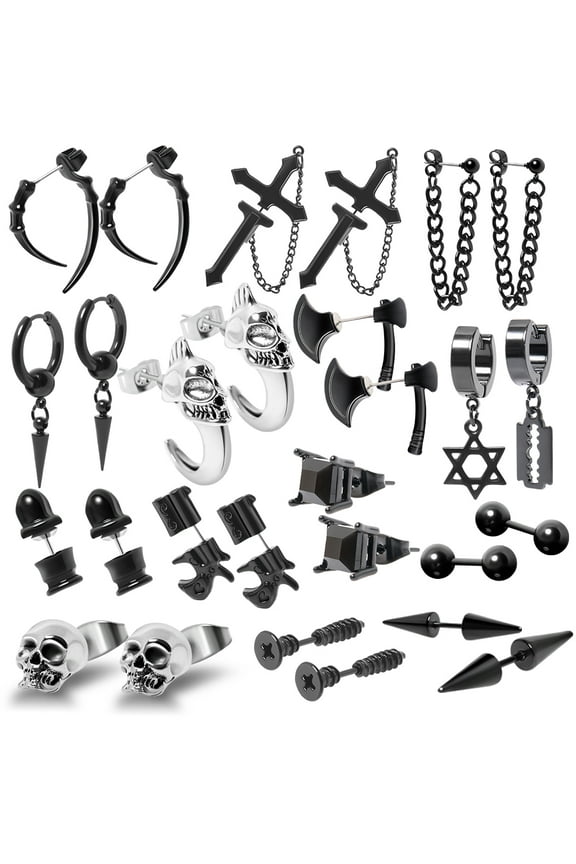14 Pairs Men's Earrings Set Gothic Punk Y2K Earrings Set Goth Earrings for Women and Men Black Earring Black Stainless Steel Earring with Cross, Axe, Skull Heads