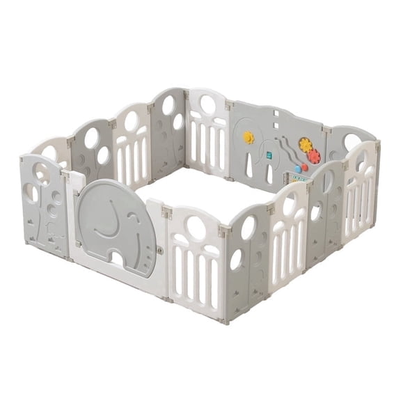 14-Panel Portable Plastic Playpen, Safety Fence for Kids & Toddlers, Indoor Outdoor Use, Grey