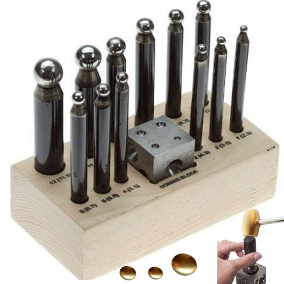14 Pc Dapping Set Punches & Block Steel 1" Cube & 12 Piece Punch on Wooden Base