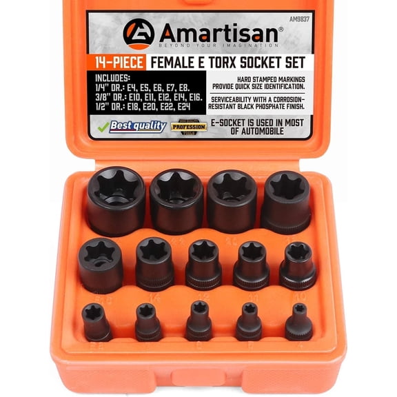 14 Pc Female E-Torx Star Socket Set/Rail, 1/4" 3/8" 1/2" Drive, E24 External Tor
