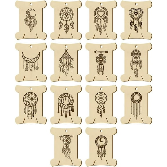 14 Pcs 14 Styles Wooden Thread Winding Boards 2.48x1.98x0.12 Inch Embroidery Floss Organizer Dream Catcher Pattern Card Floss Winder DIY