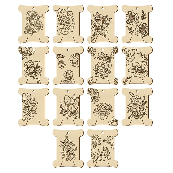 14 Pcs 14 Styles Wooden Thread Winding Boards,Thread Winding Plate Board with Flower Pattern Thread Bobbins Organizer Sewing Thread Winding