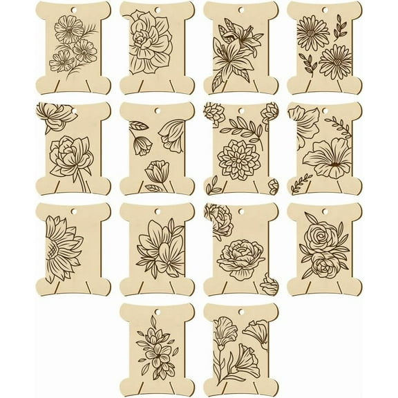 14 Pcs 14 Styles Wooden Thread Winding BoardsThread Winding Plate Board with Flower Pattern Thread Bobbins Organizer Sewing Thread Winding Card for Embroidery Cross-Stitch Sewing Craft beige