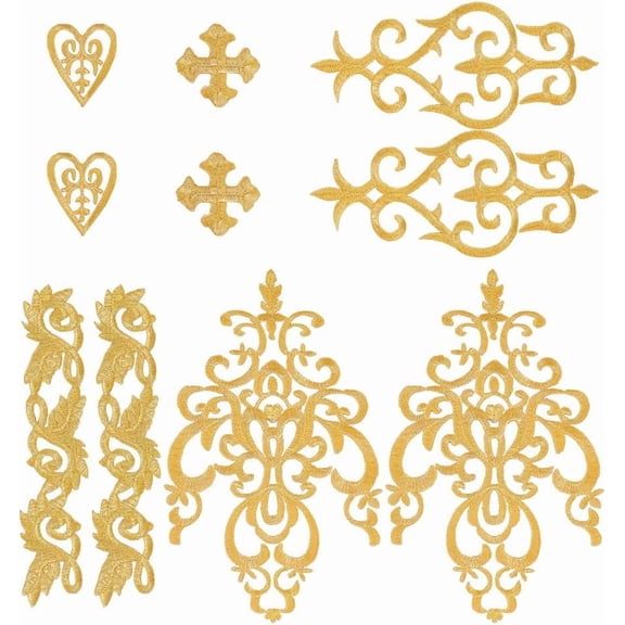 14 Pcs 5 Styles Gold Flower Embroidery Patches Heart Vine Metallic Applique Iron on Patches Ethnic Lace Applique Polyester Sewing Craft Decoration