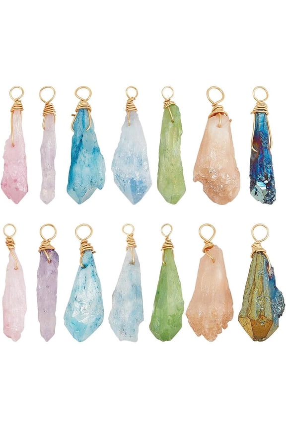 14 Pcs 7 Colors Natural Quartz Wire Wrapped Charms Raw Natural Stone Charms Assorted Colors Gemstone Irregular Pendant for Gem Themed Jewelry Making 3.5mm Hole