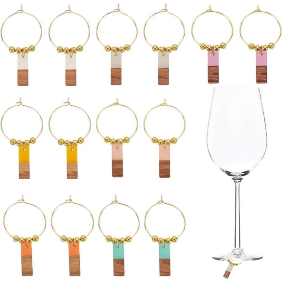 14 Pcs 7 Colors Rectangle Wine Glass Charms Transparent Resin Wine Glass Markers Walnut Wood Drink Identifier Wine Drinker Gift for Wine Tasting Party Favors Wedding Holiday Birthday for DIY