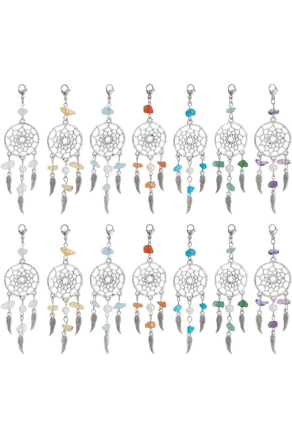 14 Pcs 7 Styles Dreamcatcher Charms Mixed Goldstone Beads Dream Catcher Pendants with Natural Cultured Freshwater Pearl and Lobster Clasp for Jewelry Keyring Making for DIY