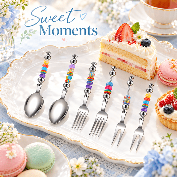 14 Pcs Beadable Spoon and Fork Set, Stainless Steel DIY Party Cutlery with 2 Tea Spoons, 2 Dinner Forks, 2 Fruit Forks and 8 Storage Bags, Customizable Dessert Utensils for Christmas (No Beads)