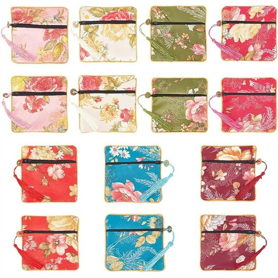 14 Pcs Brocade Coin Purse Mixed Colors Double Layers Chinese Brocade Tassel Zipper Jewelry Bag Gift Pouch for Women Dice Necklaces Earrings Bracelets Coin