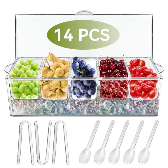 14 Pcs Chilled Condiment Server Caddy with Lid,5 Removable Compartments Container,Ice Chilled Fruit Salad Condiment Tray for Bar, Serving and Dishes