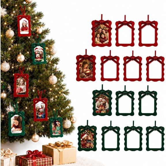 14 Pcs Christmas Velvet Photo Frame Ornaments Red Green Hanging Picture Frames with Velvet Bows for Christmas Tree Decor, Mini Hanging Photo Holders Fits 2x3 Photos, Holiday Party Keepsake Gifts