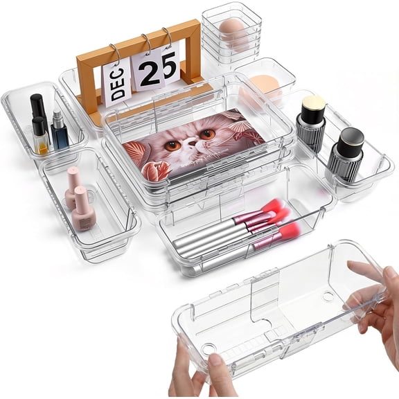 14 Pcs Clear Drawer Organizer - 3 Sizes, Adjustable Drawer Storage Box, Desk Drawer Organizer, Acrylic Storage Bins for Makeup, Cosmetic, Kitchen Utensils, Bedroom Dressers Tool Organizer for Gadgets