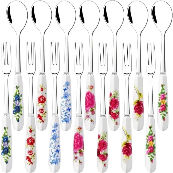 14 Pcs Dessert Forks and Spoons Silverware Set,Forks and Spoons with Ceramics Handle,Stainless Steel Mini Coffee Spoons Salad Forks,Cake Forks Tea Spoons for Dessert Salad Appetizers Fruit
