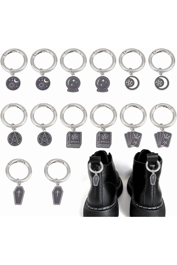 14 Pcs Divination Theme Boot Charms with Spring O Rings Tarot Coffin Pentacle Buckle Pendant Accessory Enamel Alloy Shoe Charms for Boot Bag Purse Decor 1.9-2.1inch(5-5.5cm) 1 Set