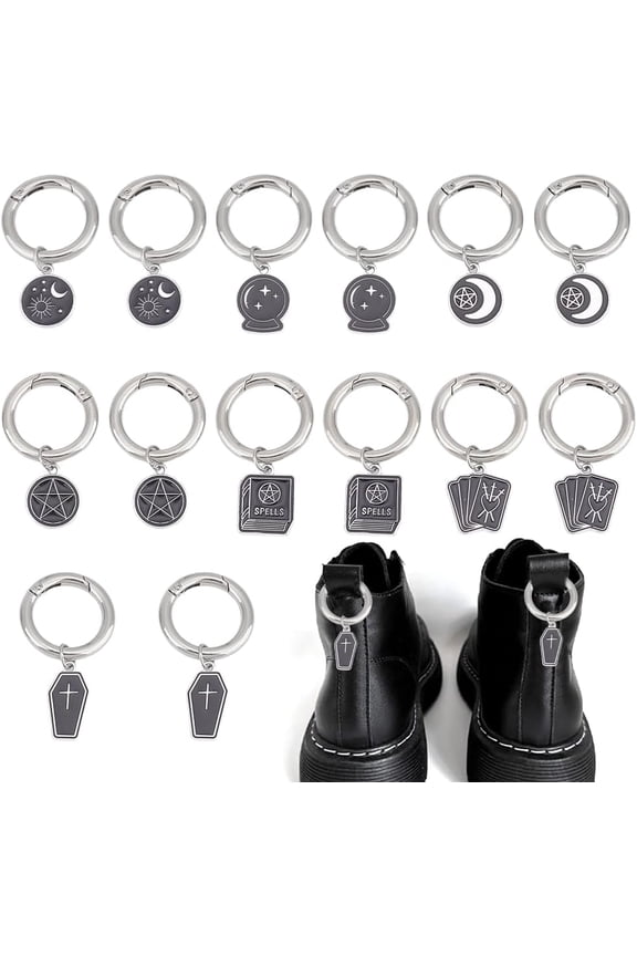 14 Pcs Divination Theme Boot Shoe Charms with Spring O Rings Tarot Coffin Pentacle Buckle Shoe Pendant Accessory Enamel Alloy Shoe Charms for Boot Bag Purse Decor 1.9-2.1inch(5-5.5cm)