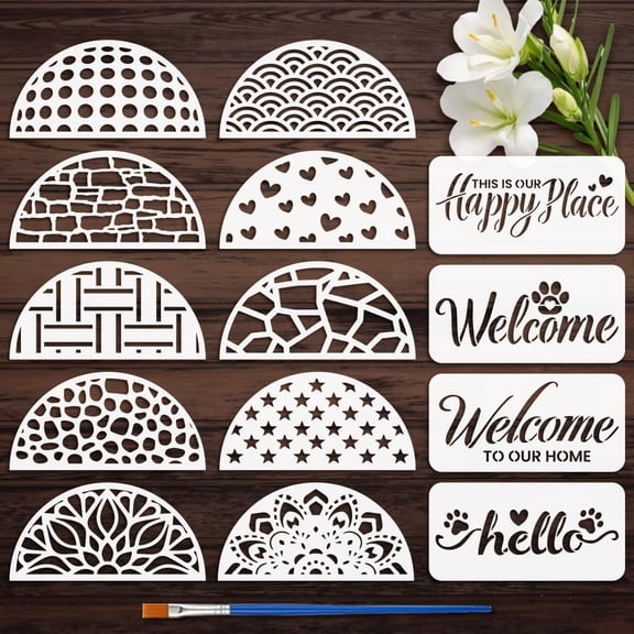 14 Pcs Door Hanger Painting Stencil with Brush 11.8x5.9inch Welcome to Our Home Hello Drawing Template Stone Textures Hearts Stars Mandala Stencil for DIY Painting on Wood Wall Furniture
