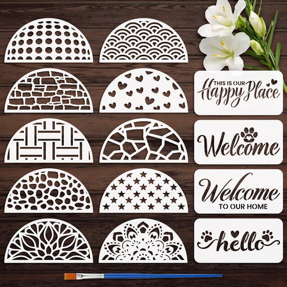 14 Pcs Door Hanger Painting Stencil with Brush 11.8x5.9inch Welcome to Our Home Hello Drawing Template Stone Textures Hearts Stars Mandala