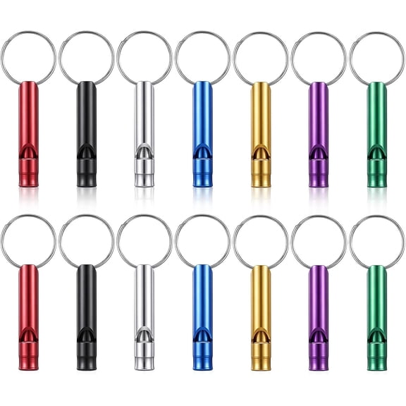 14 Pcs Aluminium Safety Whistle Keychain, Survival Safety Whistle Loud Sound Multicolor Outdoor Whistles for Camping, Hiking, Boating, Hunting, Fishing Outdoor Sports (7 Color)