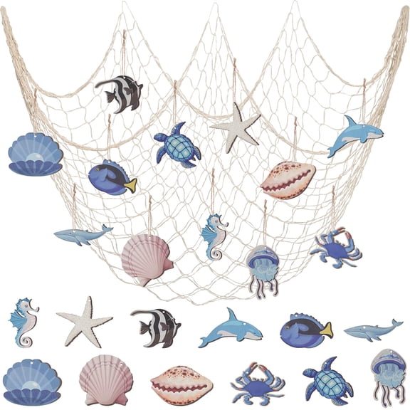 14 Pcs Fish Net Decoration,Hanging Fishing Net for Nautical Decor | Wooden Ocean Accessories,Decorative Fishing Net With Shells,for Pirate Party Nautical Ocean Themed Party Mediterranean Decor