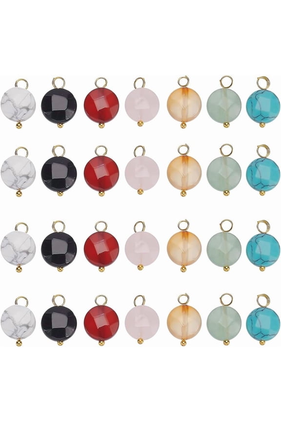 14 Pcs Flat Round Faceted Gemstone Pendants 7 Colors Natural Stone Charms with Loop Charm Pendants for Jewelry Making Necklace Bracelet