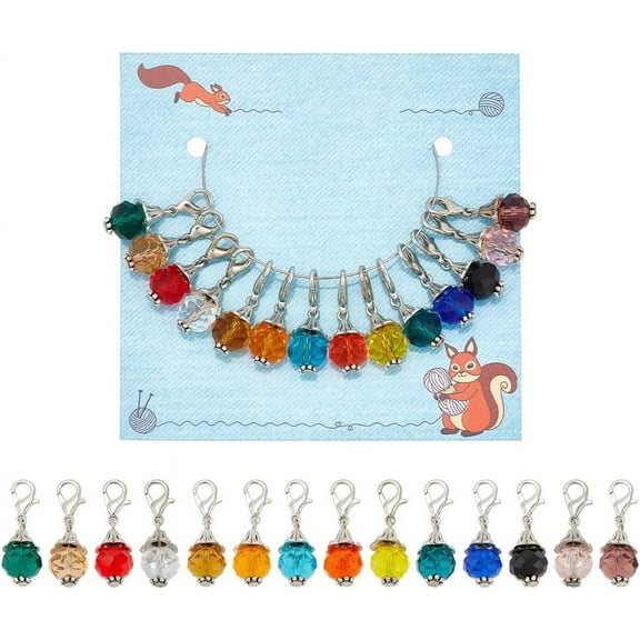 14 Pcs Glass Beads Stitch Markers Faceted Glass Pendant Stitch Markers Removable Lobster Clasp Locking Knitting Markers for Knitting Weaving Sewing Jewelry Making 1set