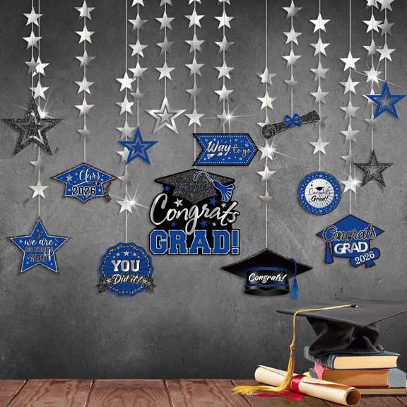 14 Pcs Graduation Garland Class of 2026 Graduate Decoration Diploma Hat Star Congrats Garland Banner Congrats Grad Streamers Backdrop for Graduation Party Supplies College Grad Decor(Blue)