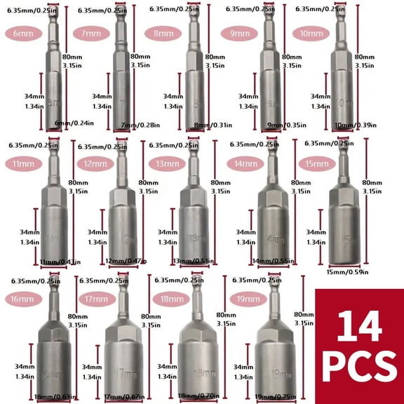 14 Pcs Hex Shank Magnetic Power Impact Nut Driver Set,Heavy-Duty Metric Socket Nut Setters,CR-V Steel Sockets for Power Drills Impact Drivers(6 to 19 mm)