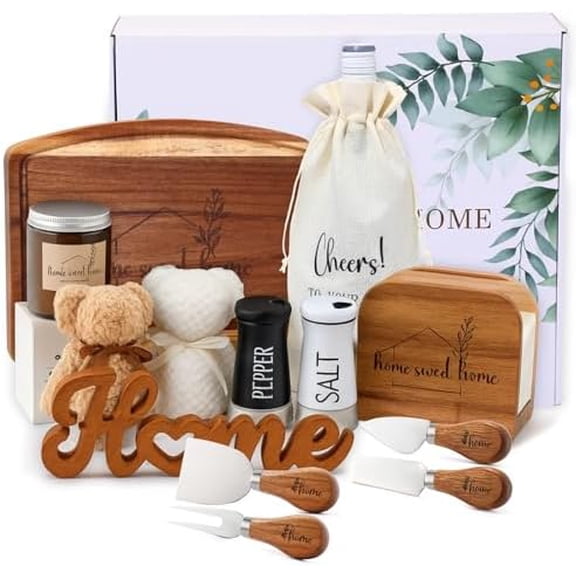14 Pcs Housewarming Gifts New House Basket Housewarming Closing Present Home Sweet Acacia Wood Serving Board for Home Buyers Couple New Homeowners$$Home Decor, Kitchen, & Other