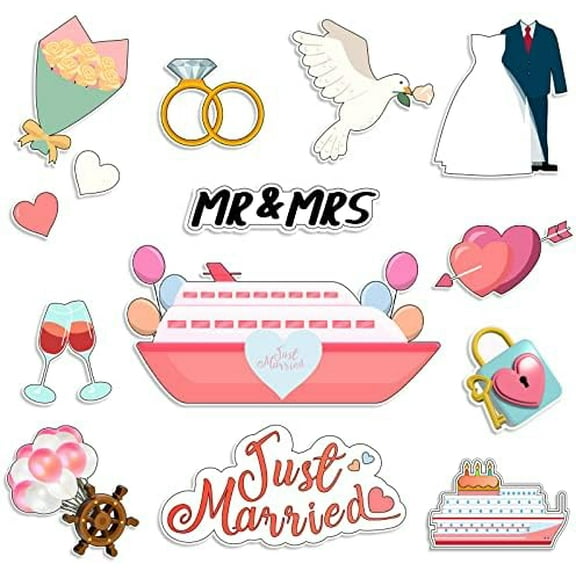 14 Pcs Just Married Cruise Door Magnets Wedding Refrigerator Decorations Cruise Cabin Door Sign for Stateroom Ship Car Honeymoon Anniversary Wedding Party Panel Tailgate Decor