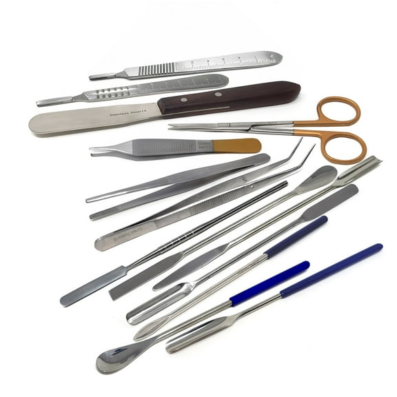14 Pcs Lab Essential Tool Kit Tweezers Double Ended Spatulas With Micro Scissors - All in one Kit of Stainless Steel lab Instruments