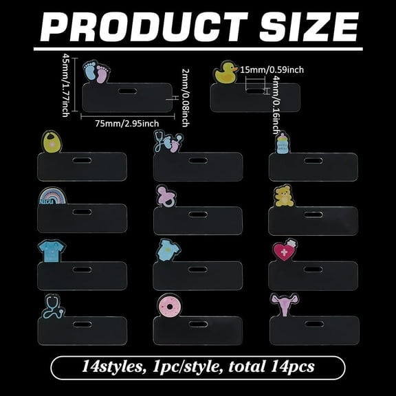 14 Pcs Labor and Delivery Nurse ID Badge 2x3x0.1inch Plastic Horizontal Cute Badge Toppers with Bear/Duck/T-Shirt/Rainbow/Butterfly Knot/Footprints/Bottle for Nurse Worker