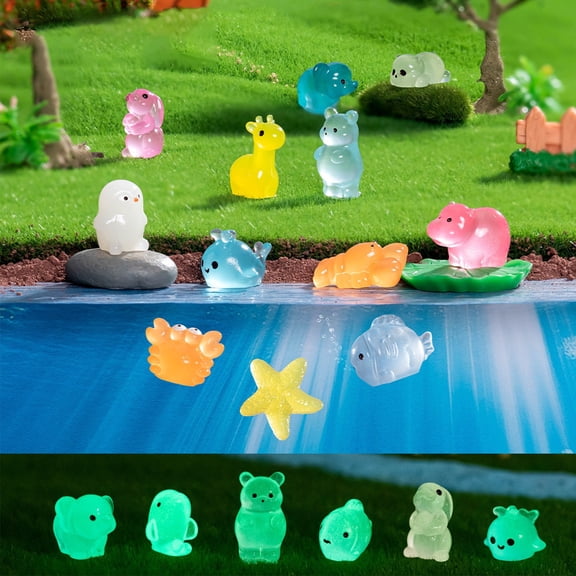 14 Pcs Luminous Mini Resin Animals Miniatures Glow in The Dark Tiny Little Figures to Hide Small Figures for Party Favors Bag Fillers Garden Dollhouse Decor
