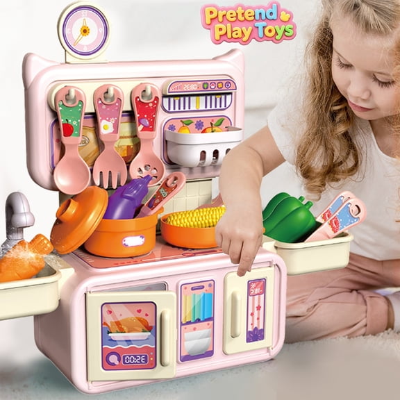 14 Pcs Mini Play Kitchen Pretend Play Toys, Toddler Kids Sink With Press Running Water Cooking Playset with Play Veggies Cookware, Learning Toy,Imaginative Chef Role Play Kit for Boys Girls Ages 3+