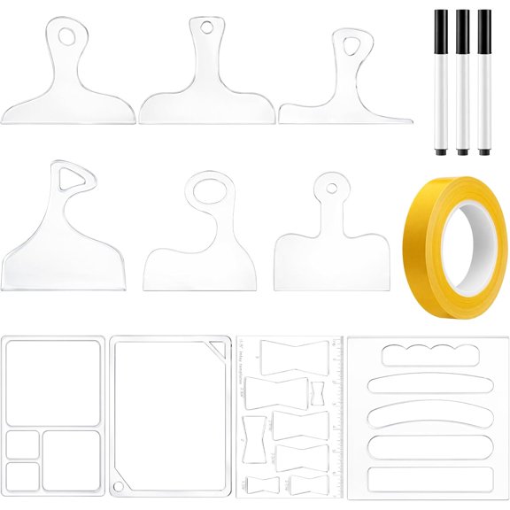 14 Pcs Router Templates for Woodworking, 6 Acrylic Charcuterie Board Handle Guides, Bowtie Inlay & 2 Tray Edge Templates, Angled Curvy Tracing Stencils Cut Guide Tools with Tape and Pens