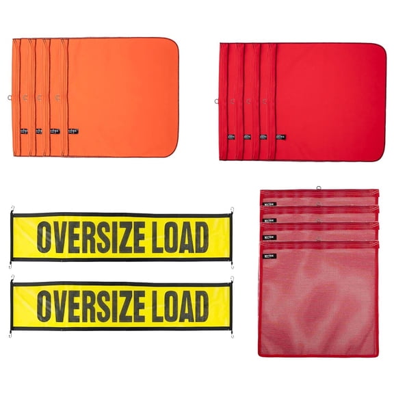 14 Pcs Safety Flag with Oversize Load Sign for Trucks - 8Pc Red and Orange Cotton Twill & 4Pc Red Vinyl Mesh Safety Flag & 2 Oversize Load Banner for Trucks, Trailers