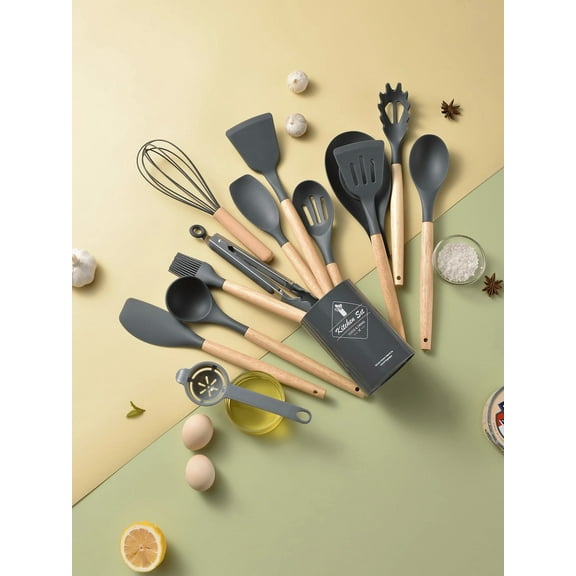 14 Pcs Silicone Cooking Kitchen Utensils Set With Holder, Wooden Handles  Non Toxic Silicone Turner Tongs Spatula Spoon Kitchen Gadgets Utensil Set For Nonstick Cookware (Dark Grey)