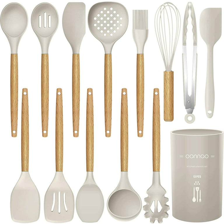  Silicone Cooking Utensils Kitchen Utensil Set, 12 PCS Wooden  Handle Nontoxic BPA Free Silicone Spoon Spatula Turner Tongs Kitchen Gadgets  Utensil Set for Nonstick Cookware with Holder : Home & Kitchen